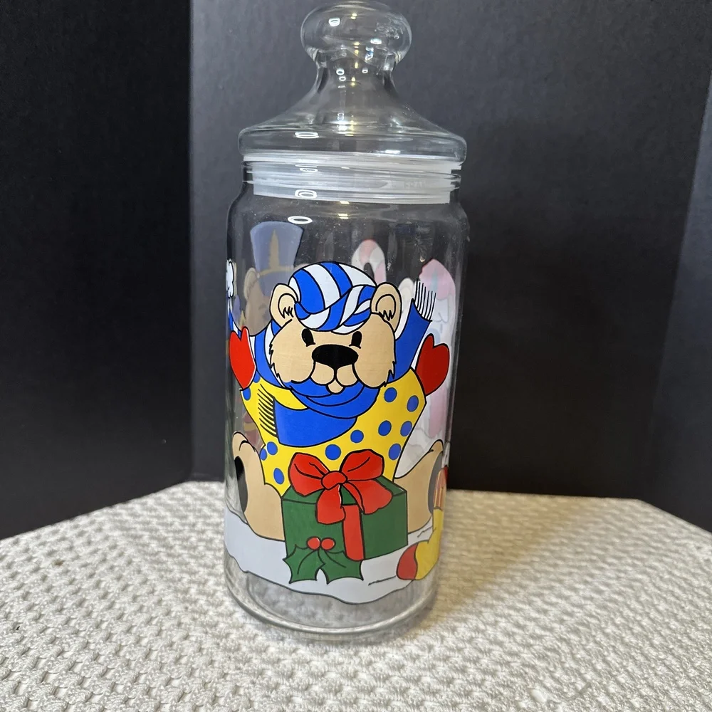 Vintage Glass Christmas Bears Cookie/Treat‎ Jar